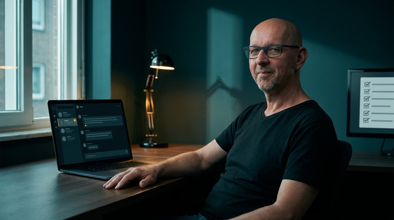 Sven Rimmelspacher an seinem Schreibtisch vor dem Chat von Rocket Routine OS, ruhig und zufrieden.