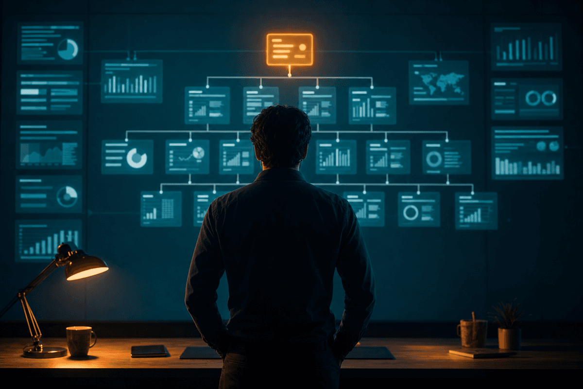 Kontrollraum mit einer Silhouette vor einer leuchtenden Dashboard-Wand aus vernetzten Knoten, ein Knoten heller hervorgehoben, warme Schreibtischlampe