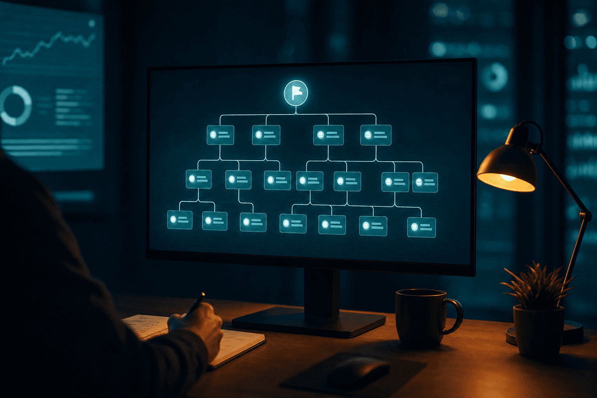 Leuchtendes Dashboard mit einer kaskadierenden Zielstruktur, die von einem zentralen Knoten in mehrere verbundene Ebenen verzweigt, dunkles Büro mit warmer Lampe