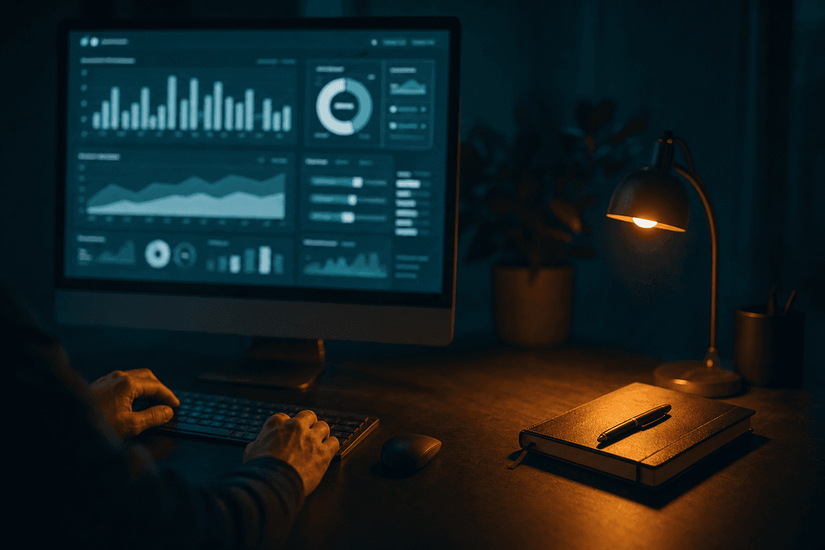 Nahaufnahme eines Schreibtischs: links ein leuchtendes Dashboard mit KPI-Diagrammen, rechts ein geschlossenes Notizbuch im warmen Lampenlicht, Sinnbild für harte Fakten und Bauchgefühl