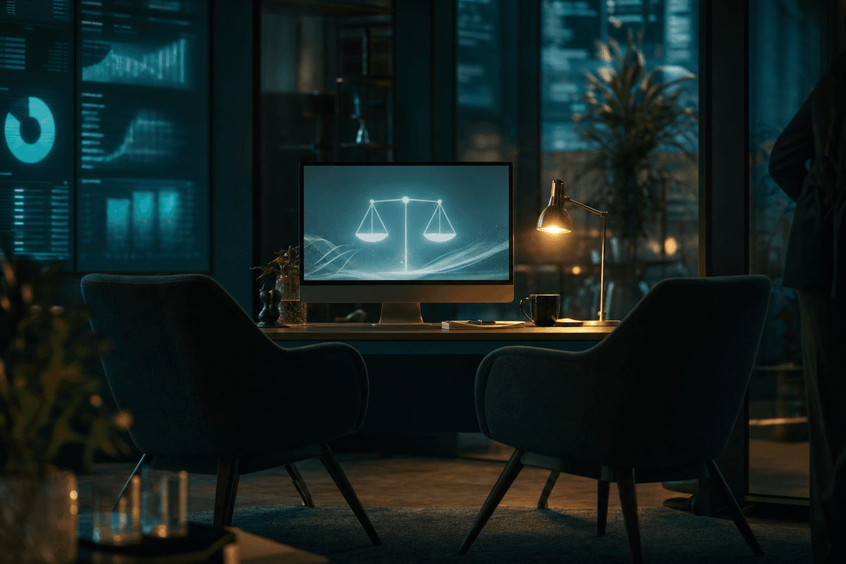 Zwei leere Stühle einander zugewandt mit einem leuchtenden Monitor dazwischen, der ein abstraktes Waage-Motiv zeigt, warmes Lampenlicht