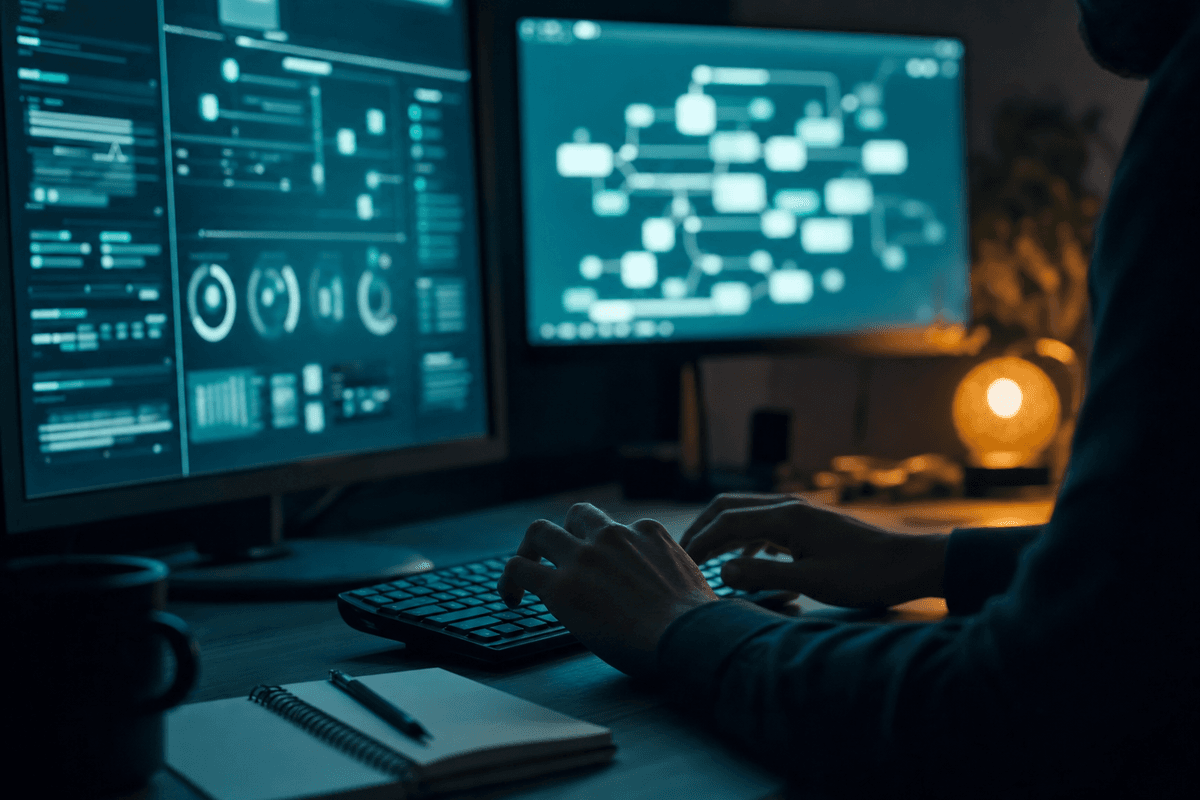 Hände auf einer Tastatur im Bildschirmlicht, im Hintergrund unscharf ein leuchtender Monitor mit einem abstrakten Netzwerk verbundener Knoten