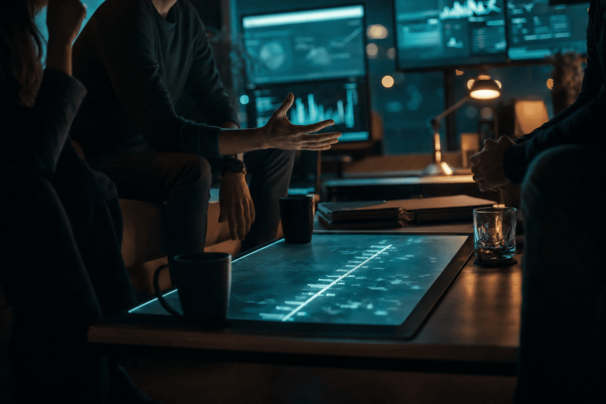 Team sitzt entspannt um einen niedrigen Tisch mit einem leuchtenden Bildschirm, der eine abstrakte Zeitleiste zeigt, warmes Abendlicht im Büro