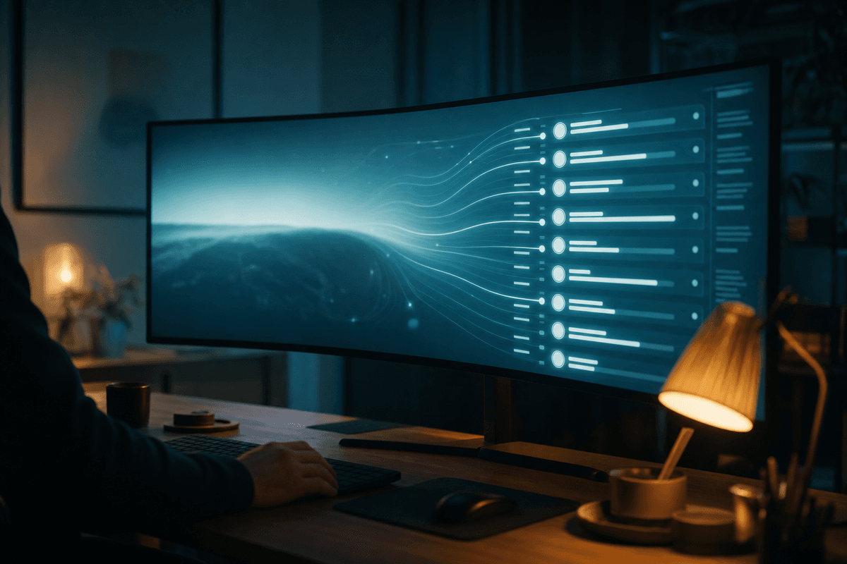 Gebogener Monitor im dunklen Büro, dessen abstraktes Wellenmuster von einem fernen Horizont in eine Reihe leuchtender, verzweigter Linien übergeht, Sinnbild für den Weg von der Vision zur Umsetzung