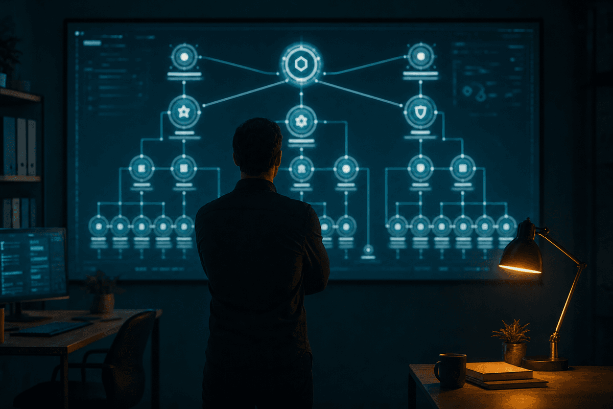 Dunkler Arbeitsraum: eine Silhouette vor einer großen leuchtenden Dashboard-Wand mit einem strukturierten Prinzipien-Netzwerk, warme Schreibtischlampe