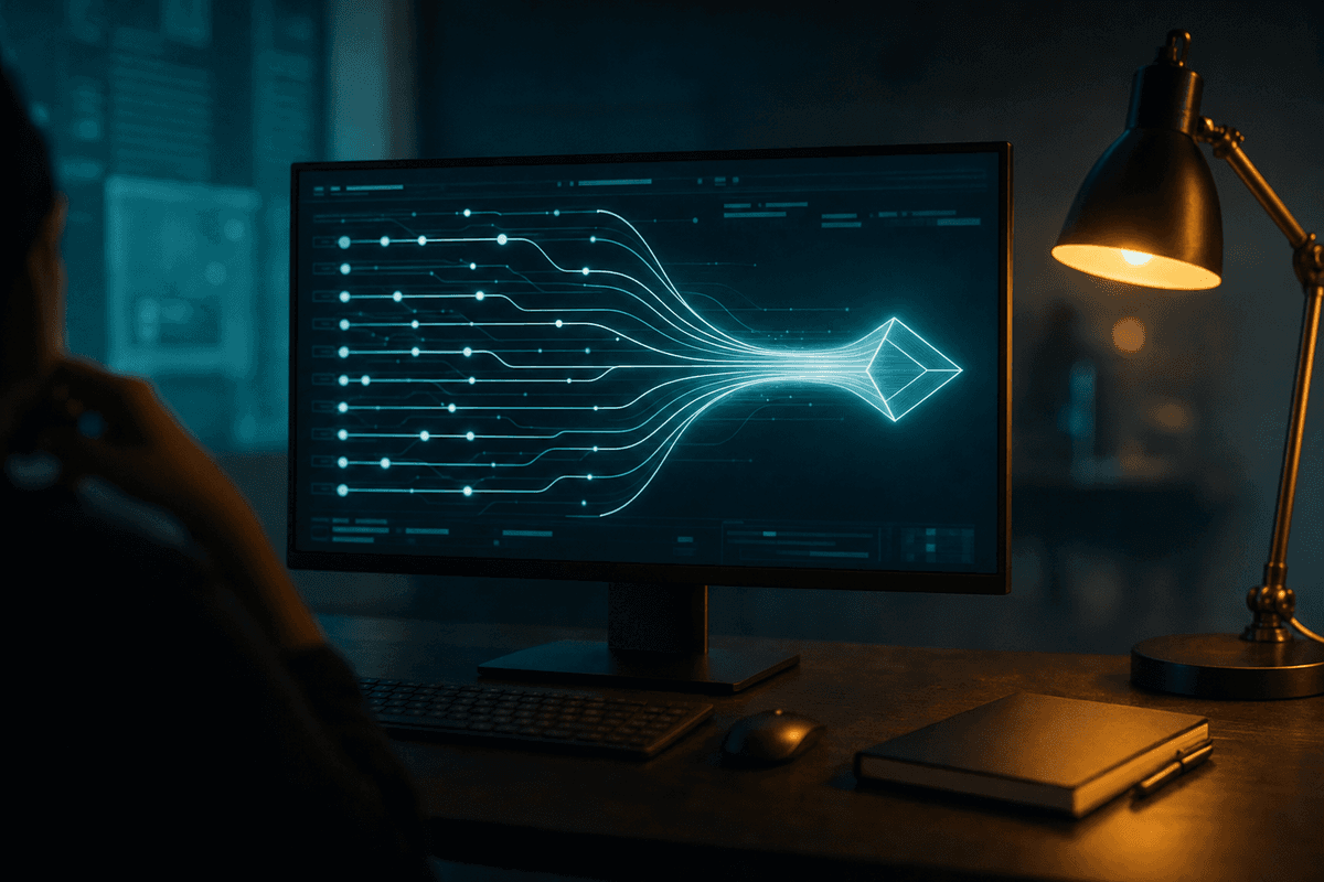 Nahaufnahme eines Monitors: viele einzelne leuchtende Linien und Knotenpunkte laufen zu einer gemeinsamen leuchtenden Form zusammen, Sinnbild für ein vereinheitlichtes Managementsystem, warmes Lampenlicht im Hintergrund