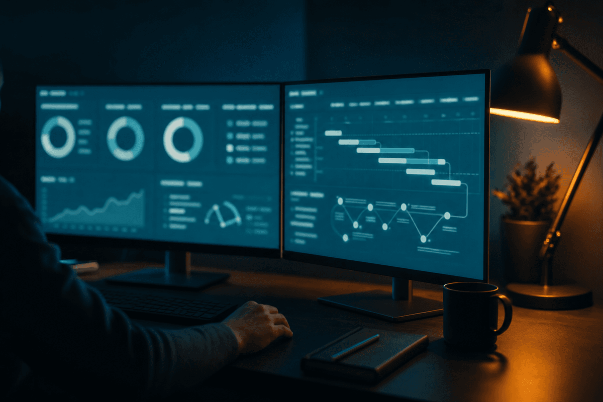 Zwei leuchtende Monitore nebeneinander: links ein Nachhaltigkeits-Dashboard mit Kreisdiagrammen, rechts eine Strategie-Zeitleiste, beide Lichter verschmelzen an der Nahtstelle, warmes Lampenlicht