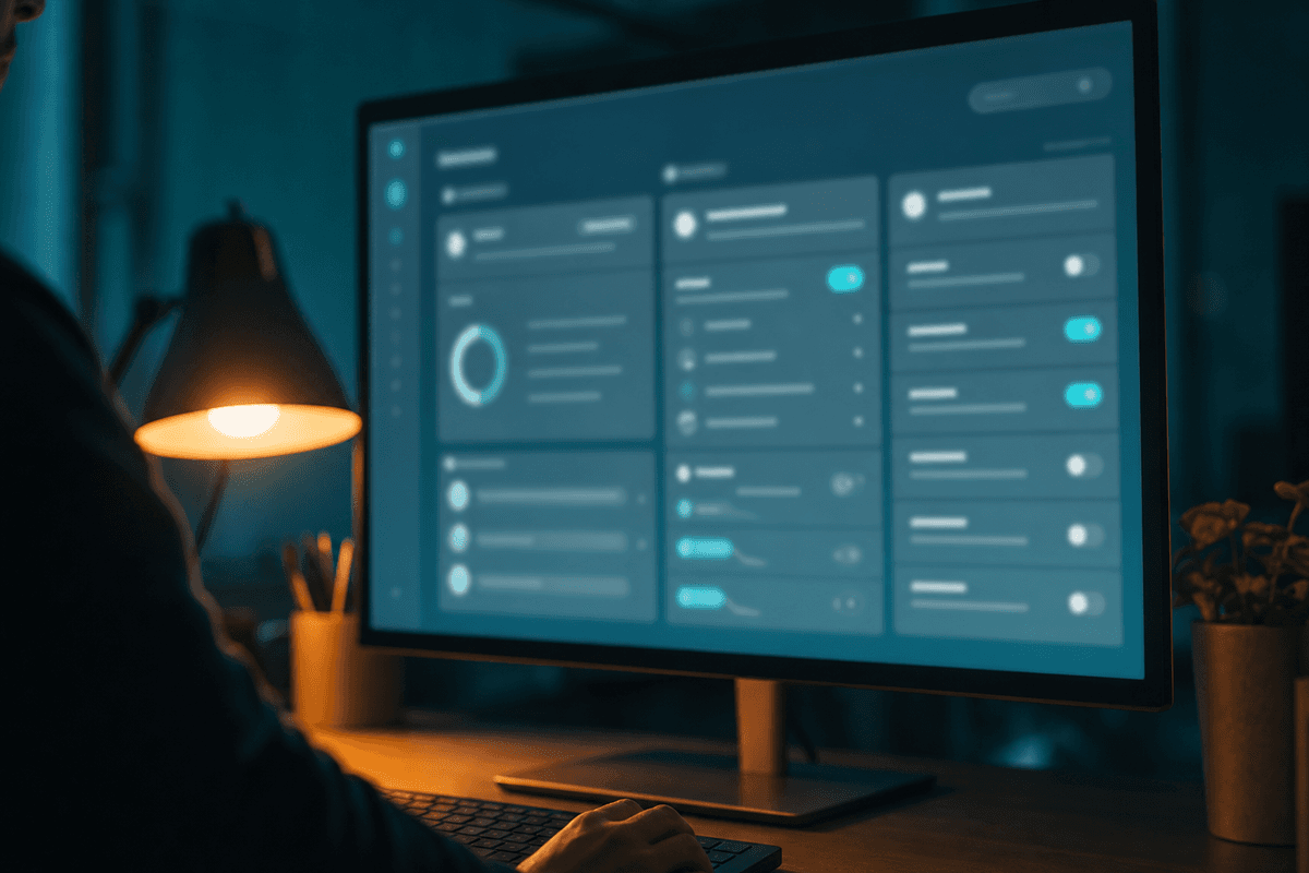 Nahaufnahme eines leuchtenden Monitors mit abstrakter, unscharfer Software-Oberfläche aus sanften Kartenpanels, warmes Lampenlicht am Schreibtisch daneben