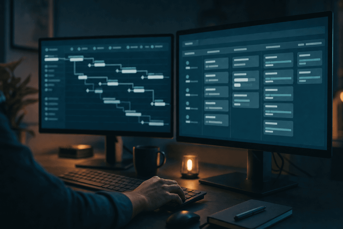 Zwei leuchtende Monitore nebeneinander, einer mit einer abstrakten Roadmap, der andere mit einem abstrakten Fortschrittsboard, Hand auf der Tastatur, warmes Lampenlicht dazwischen
