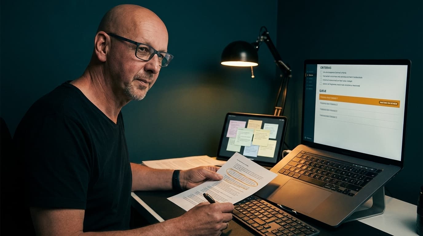Sven O. Rimmelspacher sitzt spätabends an seinem Schreibtisch und prüft ein ausgedrucktes Kriterienblatt mit einem Stift, eine Zeile bereits markiert. Auf dem Laptop-Bildschirm ist eine Kriterienliste neben einer Warteschlange zu sehen, in der ein Eintrag markiert auf Prüfung wartet. Keine weiteren Personen im Raum.