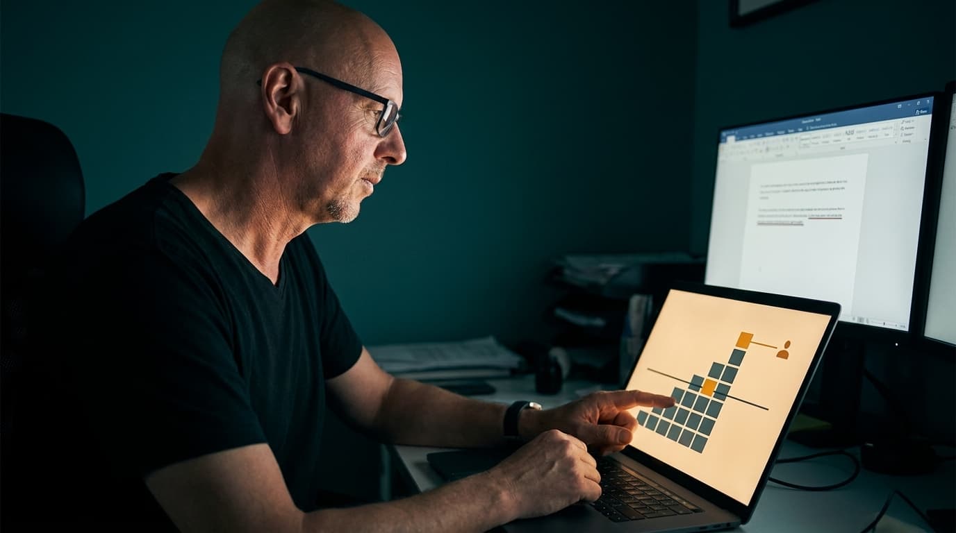 Sven an seinem Schreibtisch am Laptop, auf dem Bildschirm eine nach Schwere gestapelte Blockreihe mit einer scharfen Trennlinie: darunter ruhig gruppiert, ein Block darüber amberfarben hervorgehoben und mit einer Linie zu einem kleinen Personensymbol verbunden. Er berührt mit dem Finger genau diese Trennlinie. Ein zweiter Bildschirm zeigt ein Dokument mit einer unterstrichenen Zeile.