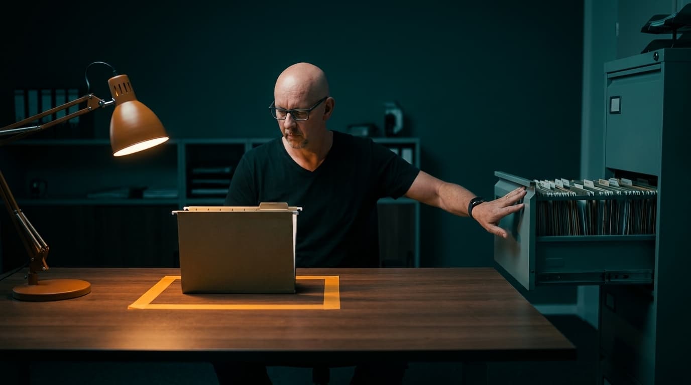 Sven zieht in einem dunkelblauen Büro genau einen Ordner aus einer prall gefüllten Aktenschublade und legt ihn in ein leuchtend orange markiertes Feld auf dem Schreibtisch, während seine andere Hand die Schublade schließt.