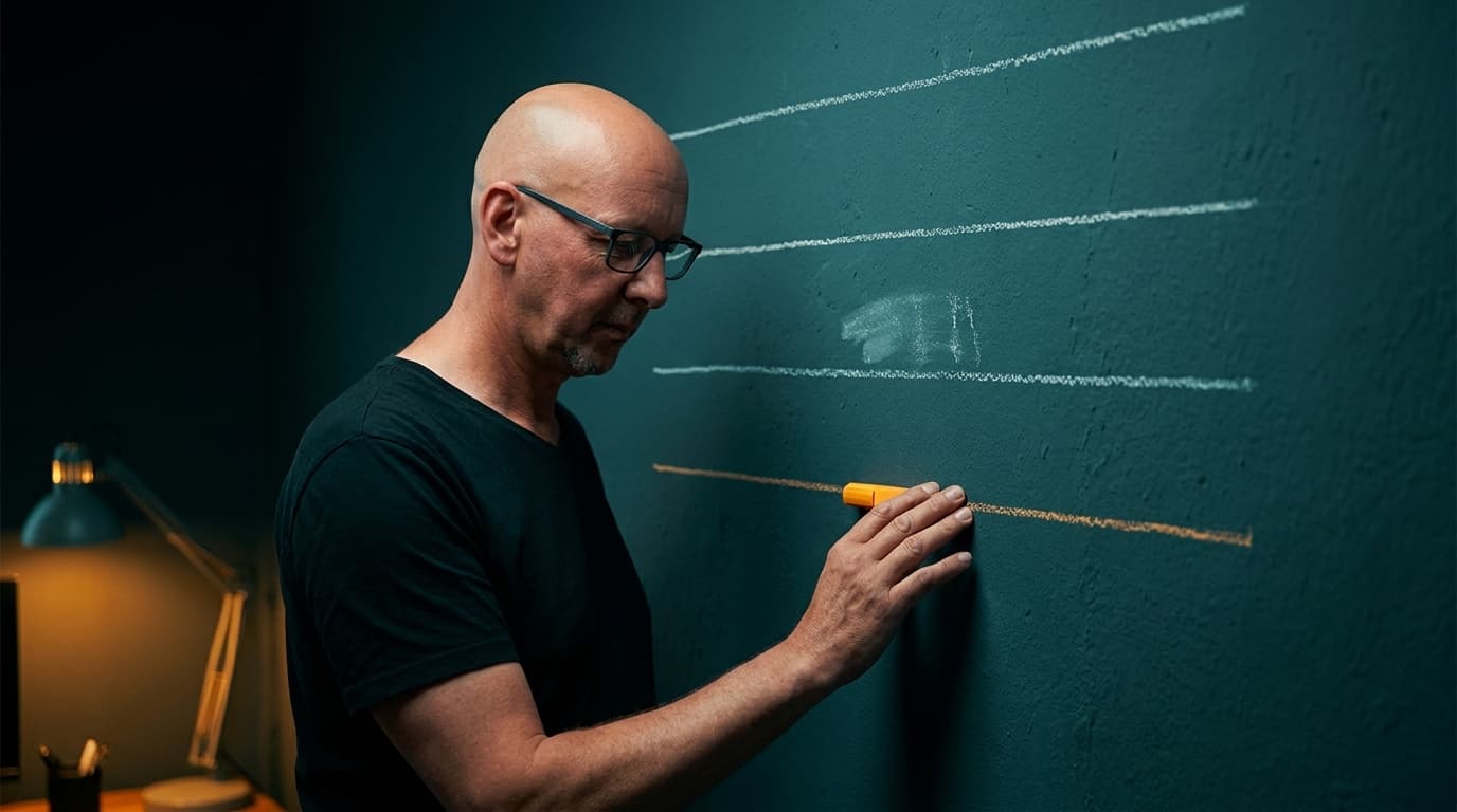 Sven steht an einer dunklen Wand mit vier ansteigenden Kreidelinien wie ein Höhendiagramm. Ein heller Bernstein-Marker liegt auf der zweiten Linie von unten, seine Hand ruht darauf, nachdem er ihn nach unten verschoben hat. Auf der Linie darüber ist ein halb verwischter Kreideschatten sichtbar, wo der Marker vorher stand.