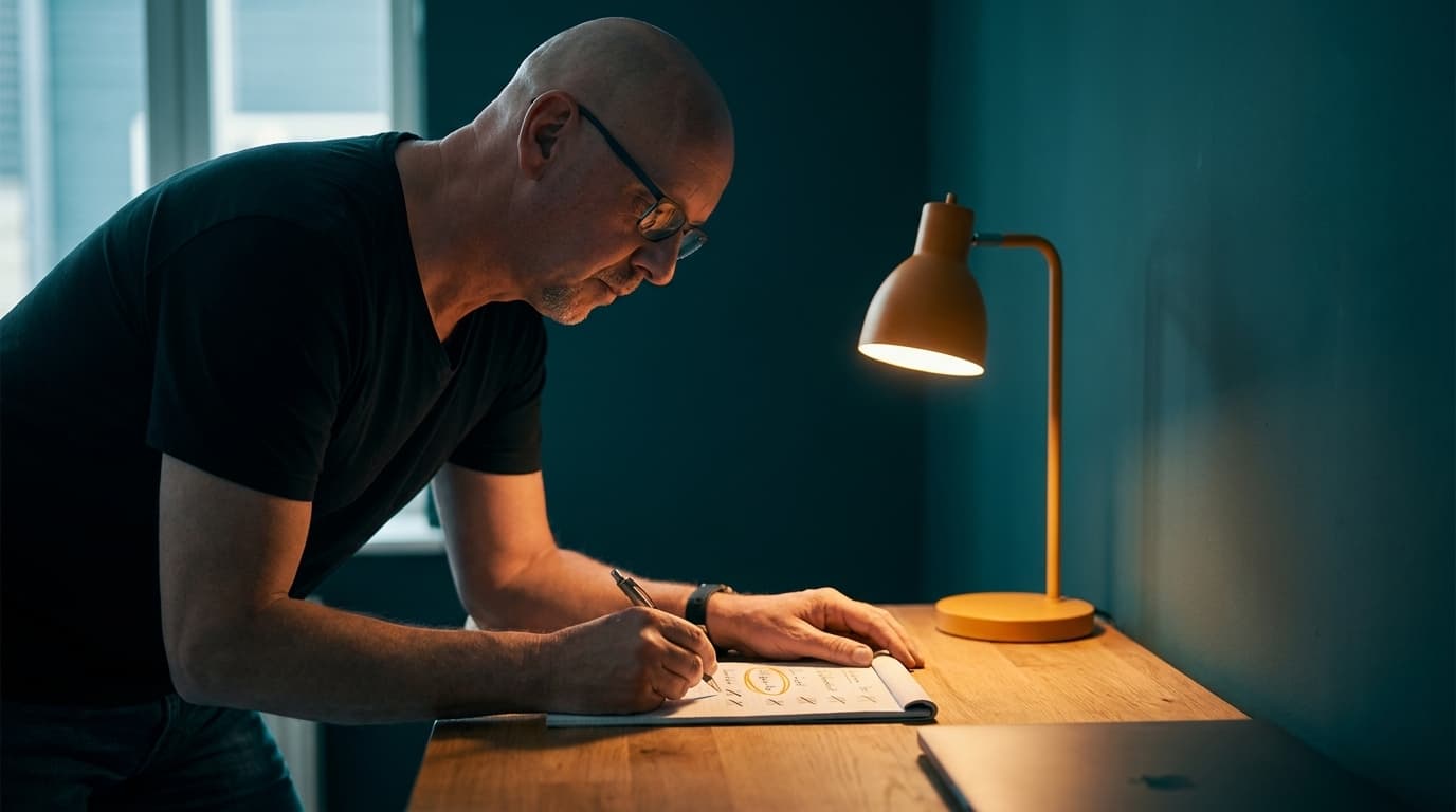 Sven sitzt abends am Schreibtisch und schreibt eine Liste wiederkehrender Aufgaben auf einen Notizblock, eine Zeile ist mit Amber-Stift markiert.