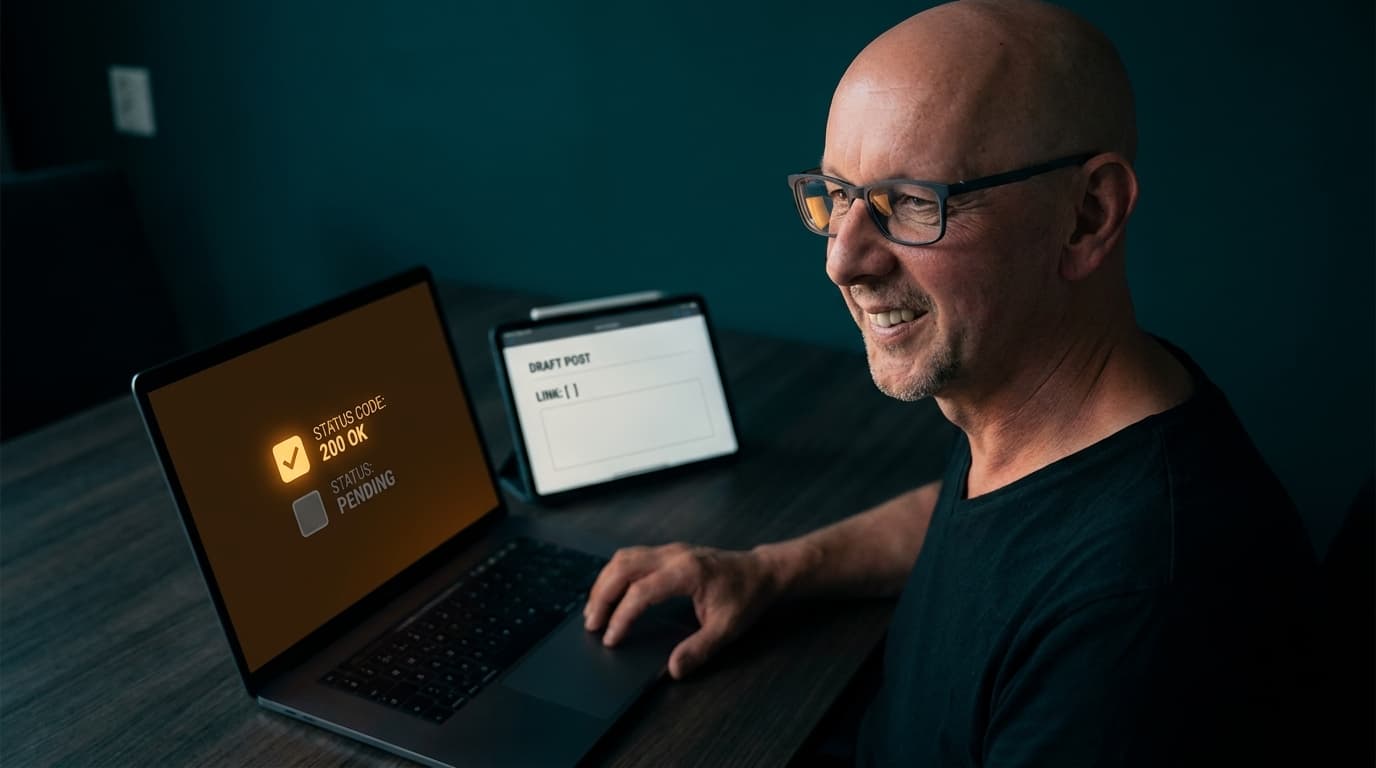 Sven sitzt am Schreibtisch, auf dem Laptop-Bildschirm leuchtet ein Haken neben Statuscode 200, waehrend ein zweiter Punkt grau und ungeprueft bleibt.