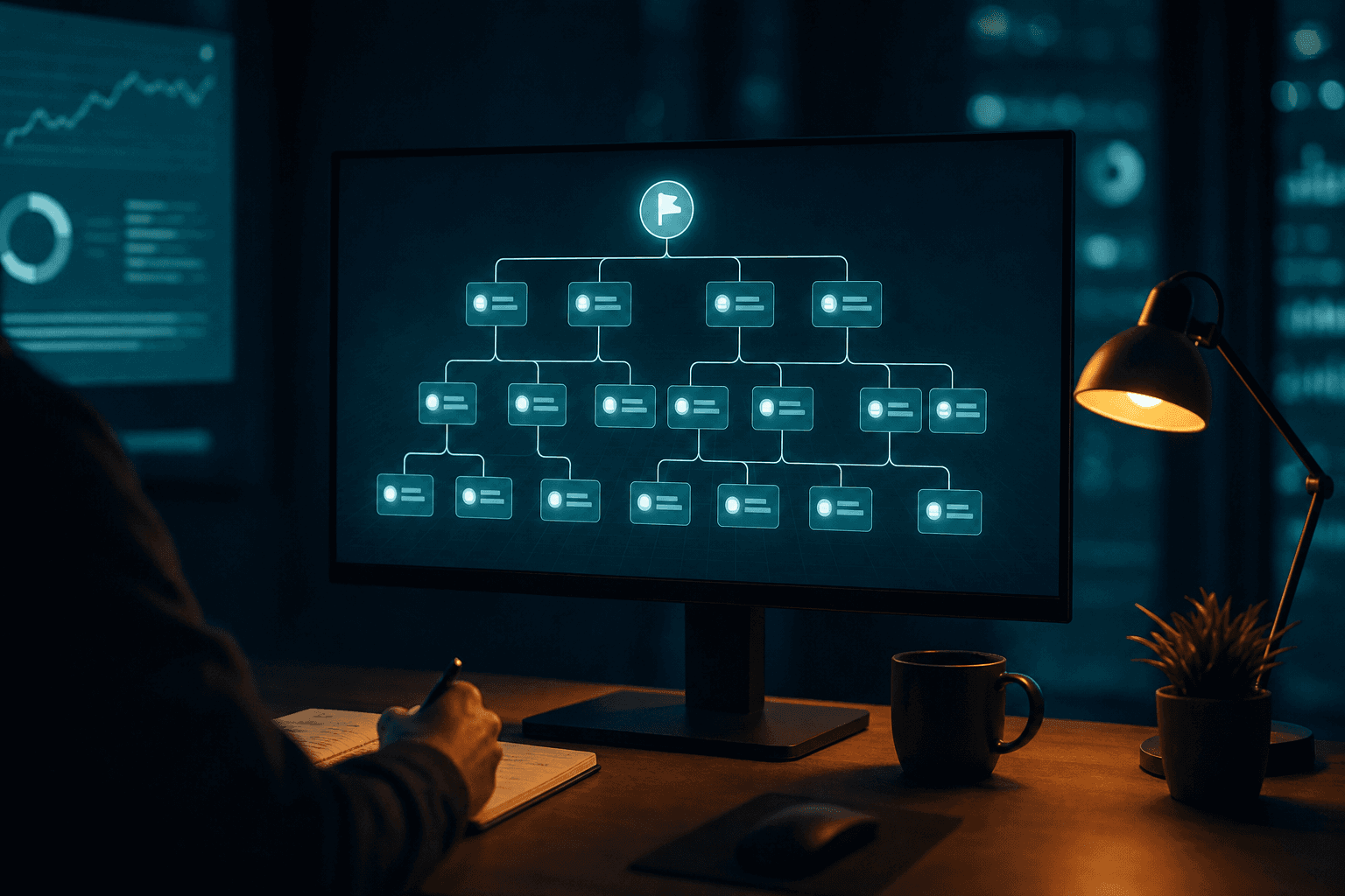 Leuchtendes Dashboard mit einer kaskadierenden Zielstruktur, die von einem zentralen Knoten in mehrere verbundene Ebenen verzweigt, dunkles Büro mit warmer Lampe
