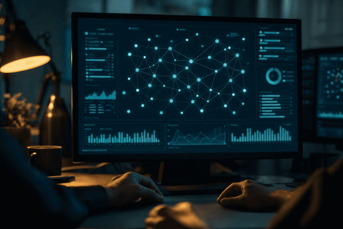 Nahaufnahme eines leuchtenden Dashboards mit einem gleichmäßig verteilten Knotennetzwerk ohne dominanten Mittelpunkt, Hände nahe der Tastatur