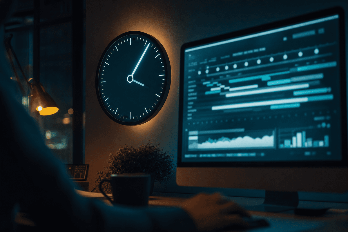 Nahaufnahme eines leuchtenden Dashboards mit abstrakter Zeitachse neben einem Bildschirm mit Uhr-Symbolik, warmes Lampenlicht im dunklen Büro