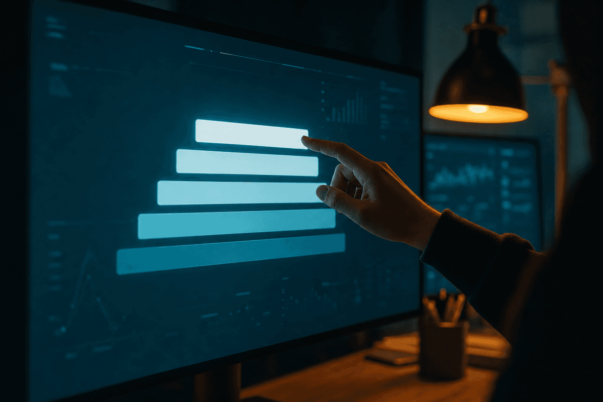 Nahaufnahme eines leuchtenden Displays mit fünf aufsteigenden, treppenartigen Lichtbalken, eine Hand berührt die oberste Stufe, warme Schreibtischlampe im Hintergrund