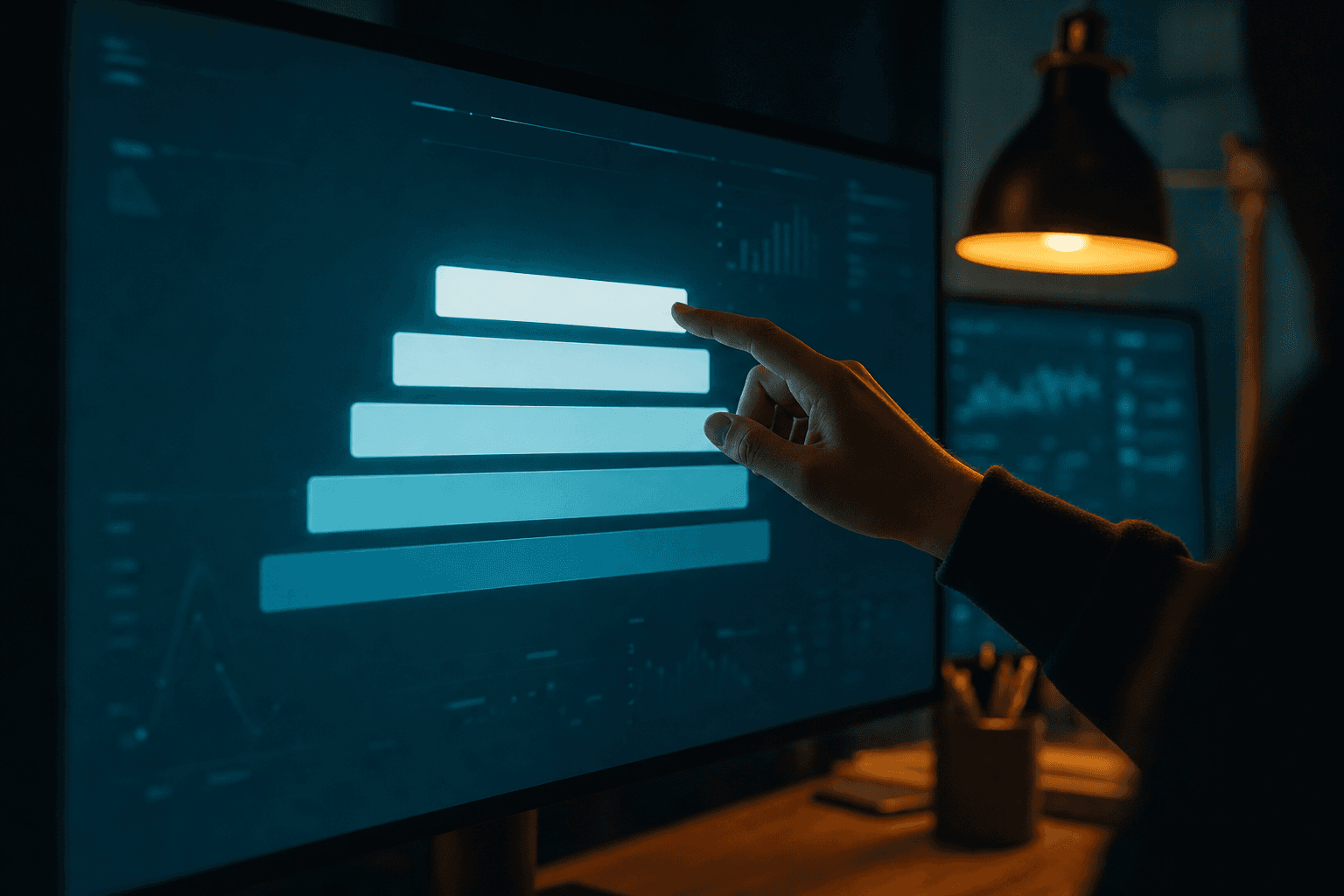 Nahaufnahme eines leuchtenden Displays mit fünf aufsteigenden, treppenartigen Lichtbalken, eine Hand berührt die oberste Stufe, warme Schreibtischlampe im Hintergrund