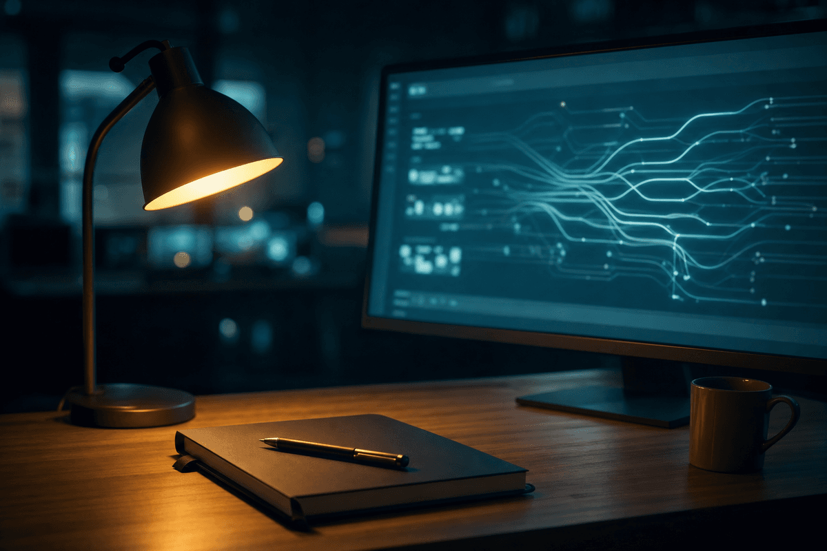 Ruhiges Schreibtisch-Stillleben mit geschlossenem Notizbuch, Stift und warmer Lampe neben einem Monitor, der ein minimalistisches, leuchtendes Verzweigungsmuster zeigt