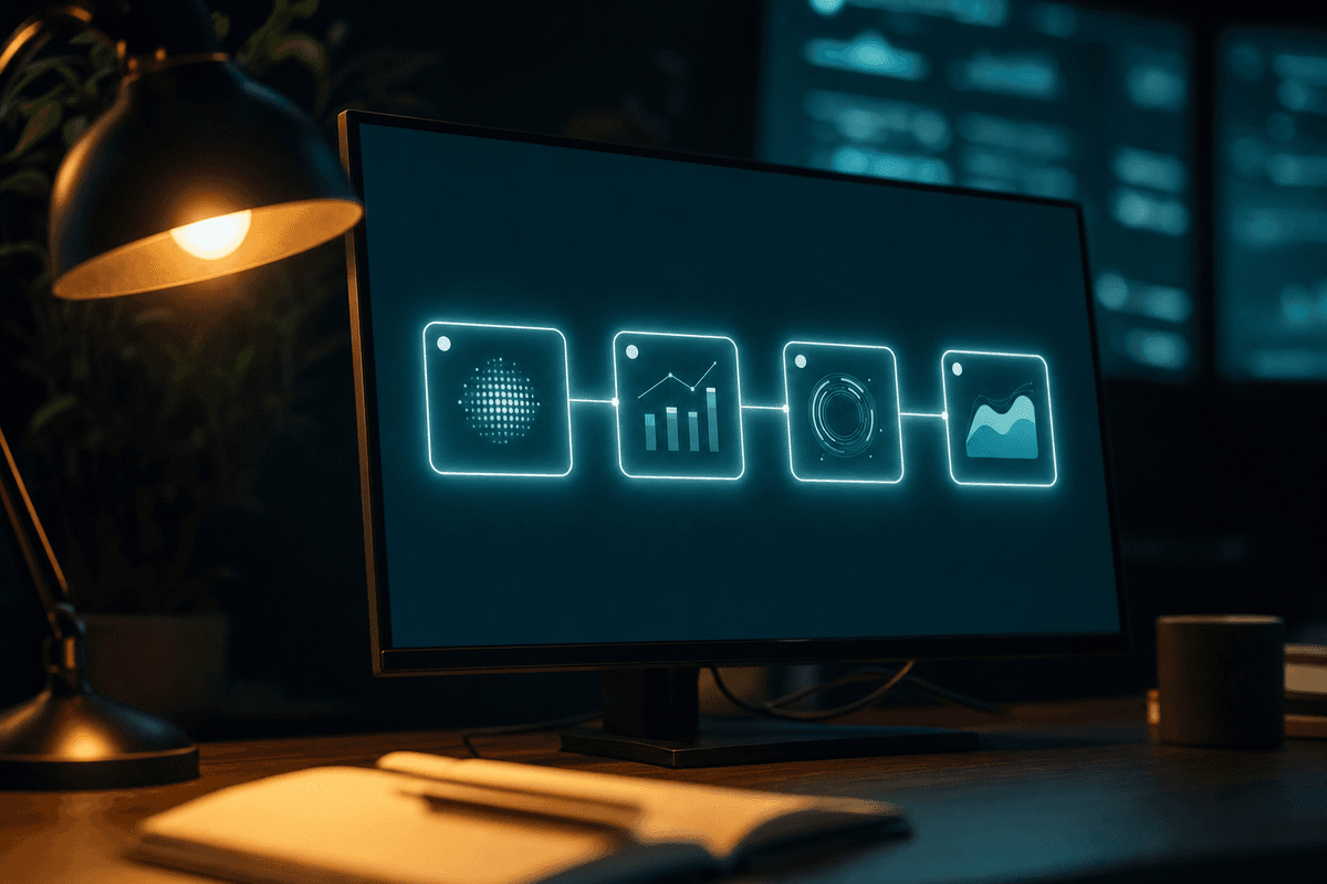 Nahaufnahme eines leuchtenden Dashboards mit vier verbundenen Kacheln in einer Abfolge, Notizbuch und warme Schreibtischlampe im Vordergrund