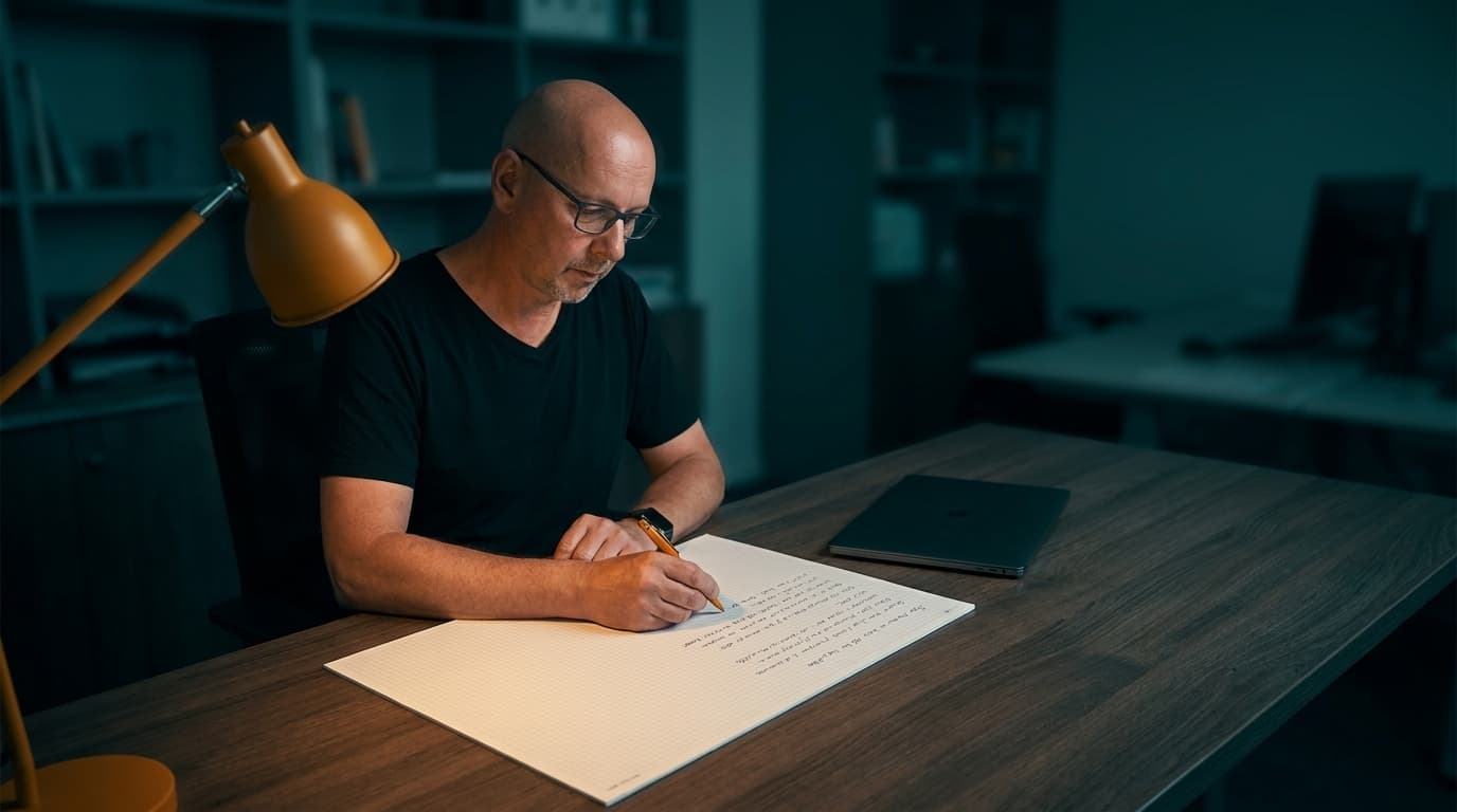 Sven schreibt an seinem Schreibtisch die acht Bestandteile eines Role Contracts von Hand auf ein einzelnes Blatt, der Laptop liegt geschlossen daneben