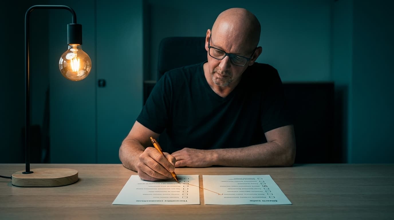 Sven zieht am Schreibtisch mit einem Amber-Stift eine Verbindungslinie zwischen zwei nebeneinanderliegenden Blaettern, jedes mit eigener Checkliste.