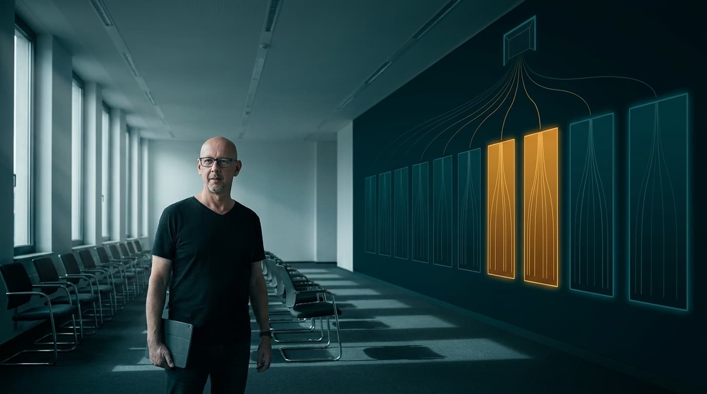 Sven steht in einem leeren Besprechungsraum vor einer Wand, an der sich ein Ziel in elf Bereiche verzweigt, zwei Bereiche leuchten amber.
