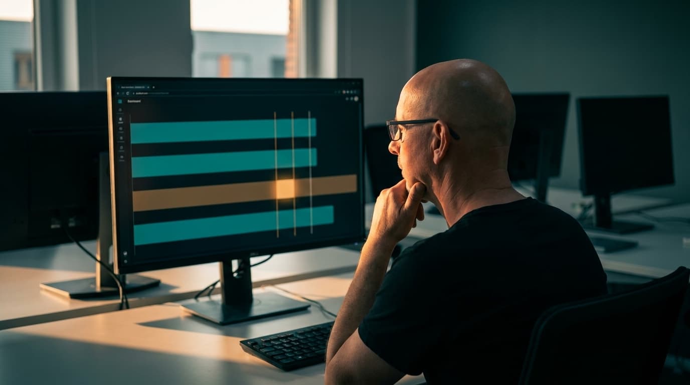 Sven sitzt am späten Nachmittag im Büro und liest auf einem großen Bildschirm ein Dashboard mit vier Balken. Ein Balken hat die erste Linie überschritten und leuchtet amber.