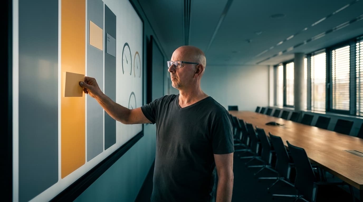Early in the morning, Sven stands at a large wall display in an empty meeting room and slides a card into a highlighted column. Three gauges next to it show the month's figures.