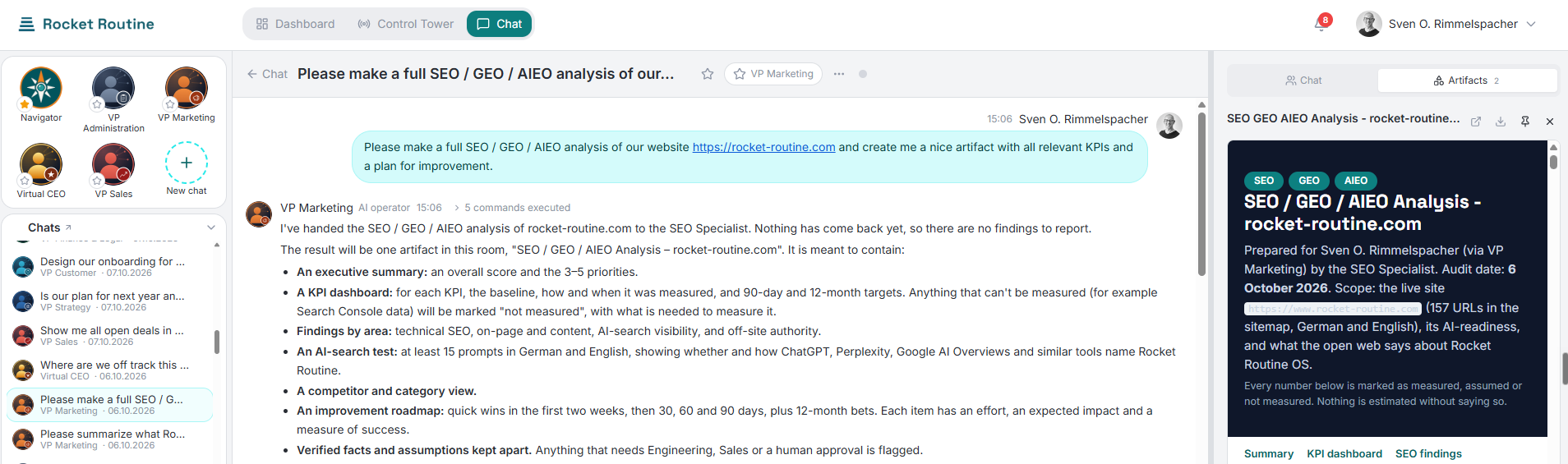 Chat in Rocket Routine OS: Links die Agents und Chats, in der Mitte die Bitte an den VP Marketing, die Website auf SEO und GEO zu analysieren, rechts das entstehende Dokument als Artefakt.
