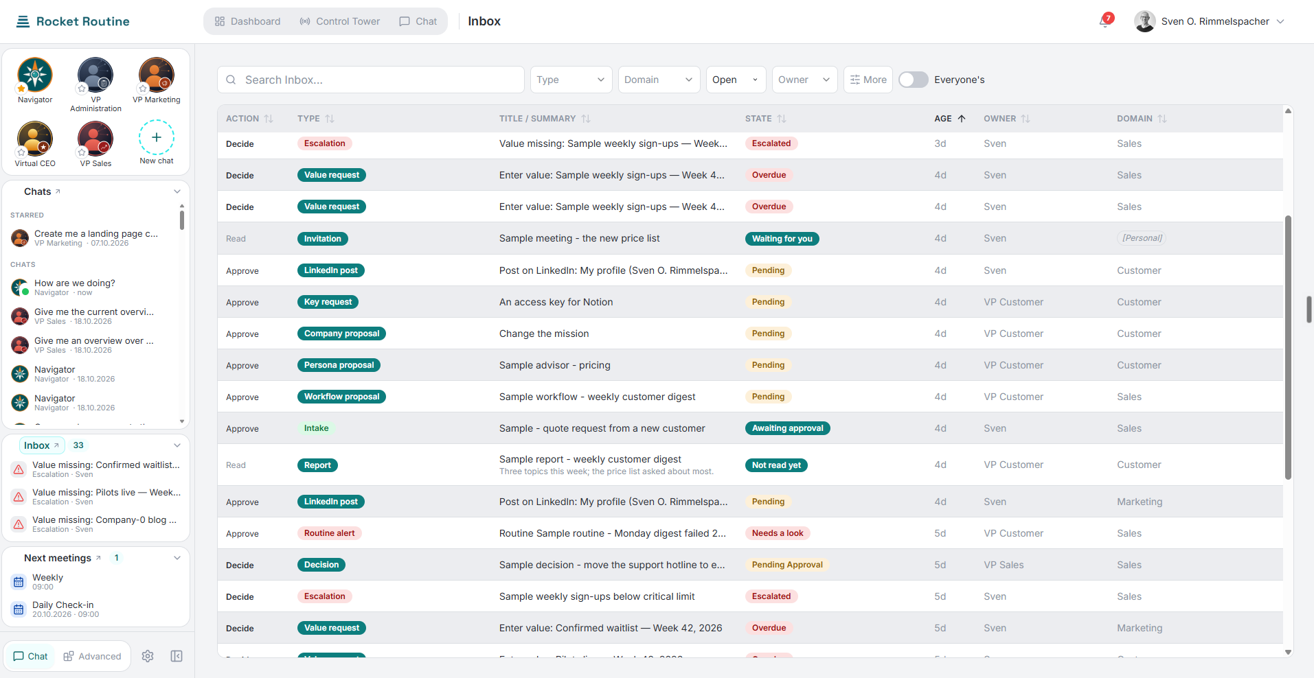 Table of the Inbox with the columns action, type, title, state, age, owner and domain, containing sample entries such as a LinkedIn post waiting for approval, a workflow proposal and a routine alert.
